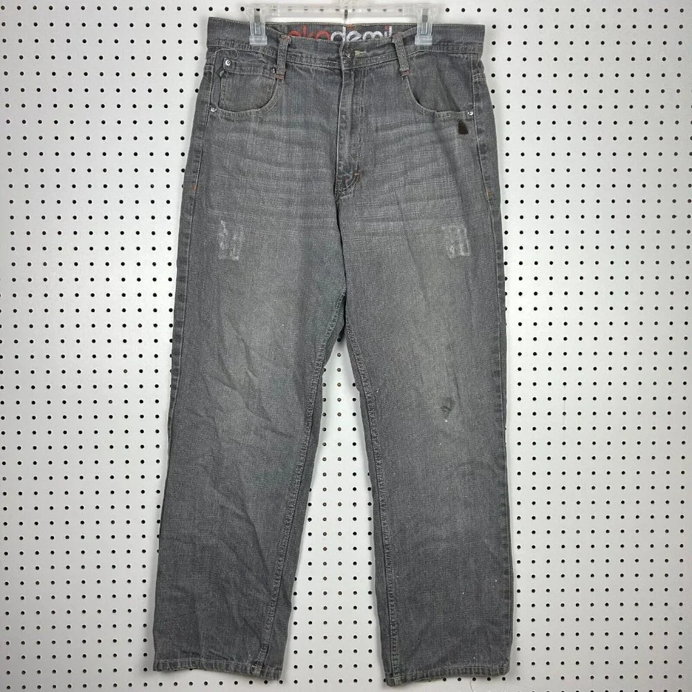 Akademiks Gray Y2K Jeans Sz 36x32 Distressed 90s Grunge‎ Streetwear Skate Baggy